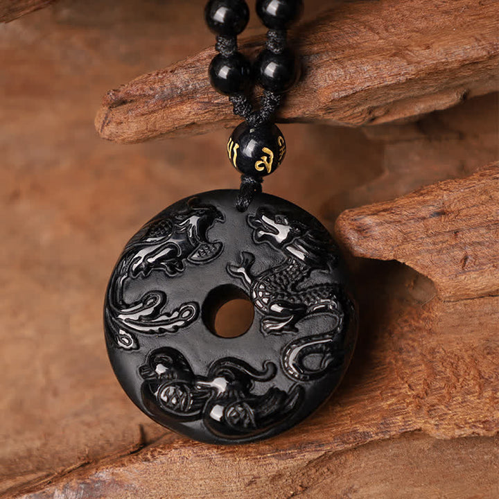 Buddha Stones Black Obsidian Dragon Phoenix Mandarin Duck Luck Protection Necklace Pendant