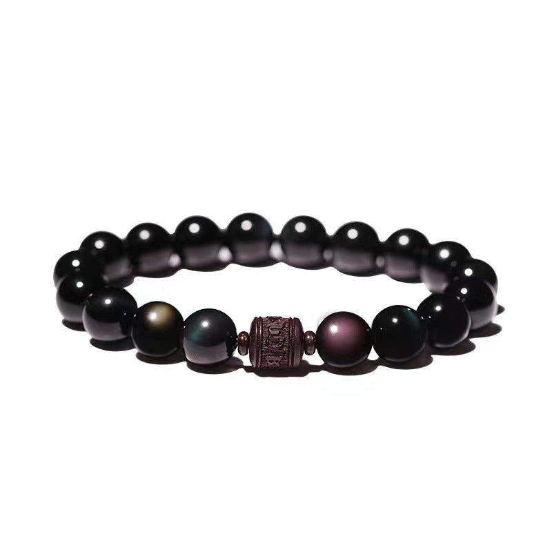 Buddha Stones Natural Gold Sheen Obsidian Rainbow Obsidian Om Mani Padme Hum Fu Character Healing Bracelet