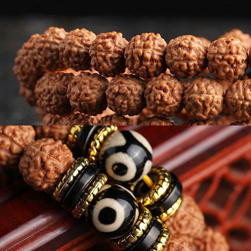 Buddha Stones 108 Mala Beads Rudraksha Bodhi Seed Dzi Bead Luck Wealth Bracelet