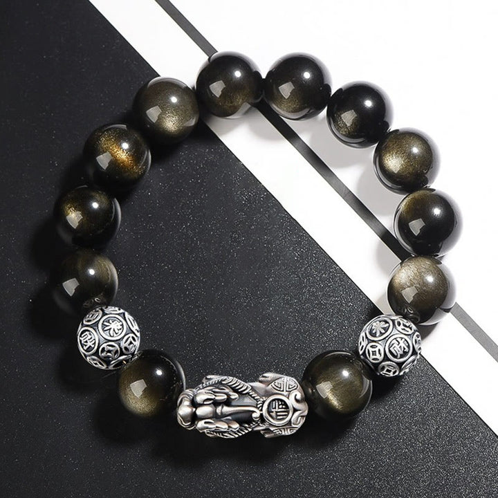 Buddha Stones 925 Sterling Silver Natural Gold Sheen Obsidian PiXiu Wealth Protection Bracelet - image 4
