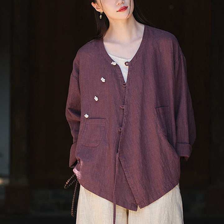 Buddha Stones Solid Color Ramie Linen Loose Blouse Long Sleeve Shirt Chinese Hanfu Top