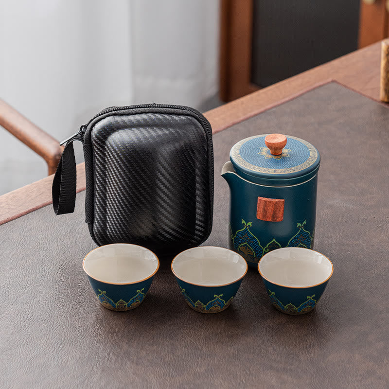 Buddha Stones Flower Chinese Gongfu Ceramic Teapot Portable Outdoor Travel Tea Set Bag