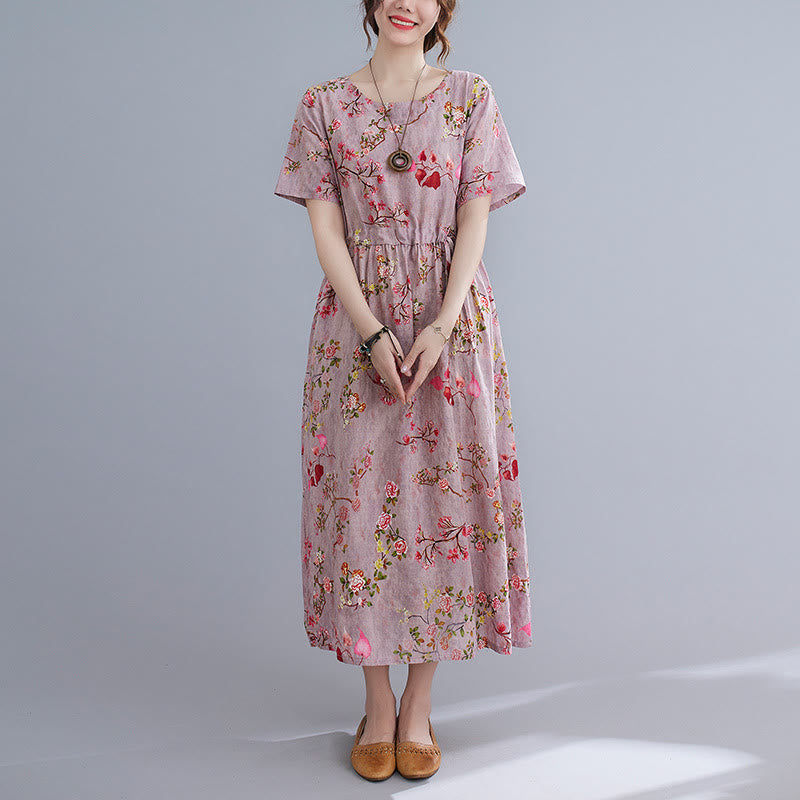 Buddha Stones Flowers Print Midi Dress Cotton Linen Tunic Dress With Pockets