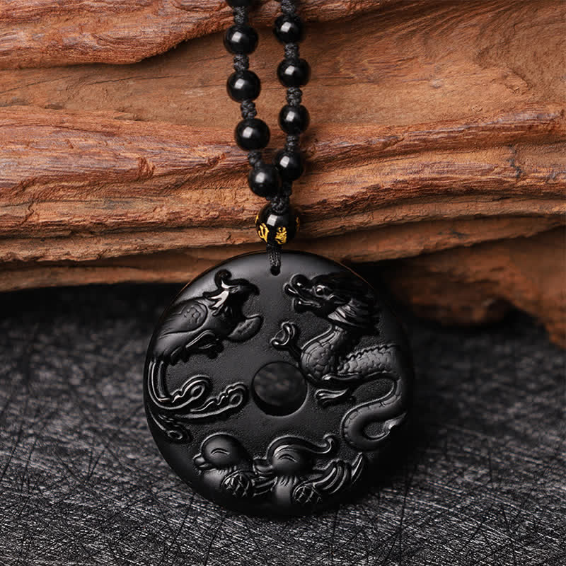 Buddha Stones Black Obsidian Dragon Phoenix Mandarin Duck Luck Protection Necklace Pendant