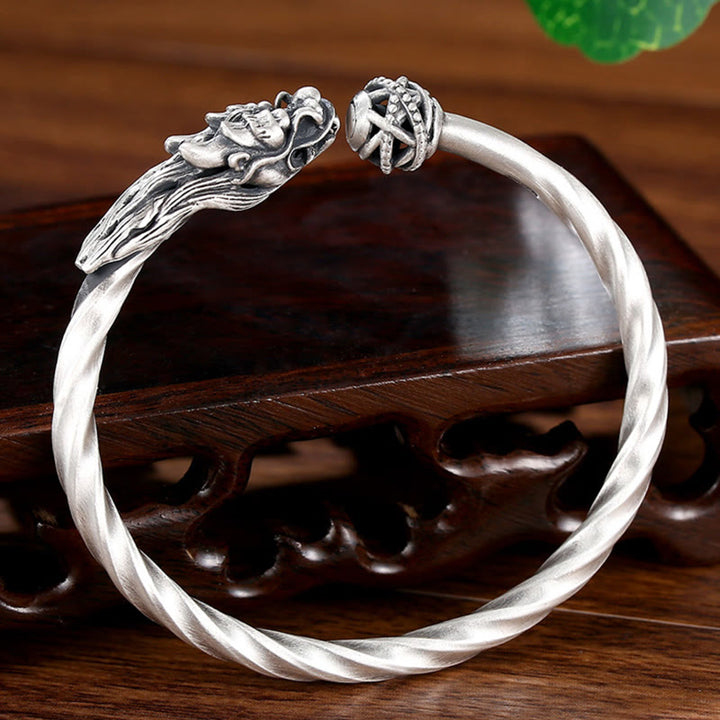 Buddha Stones 999 Sterling Silver Year of the Dragon Luck Strength Metal Cuff Bracelet Bangle - image 4