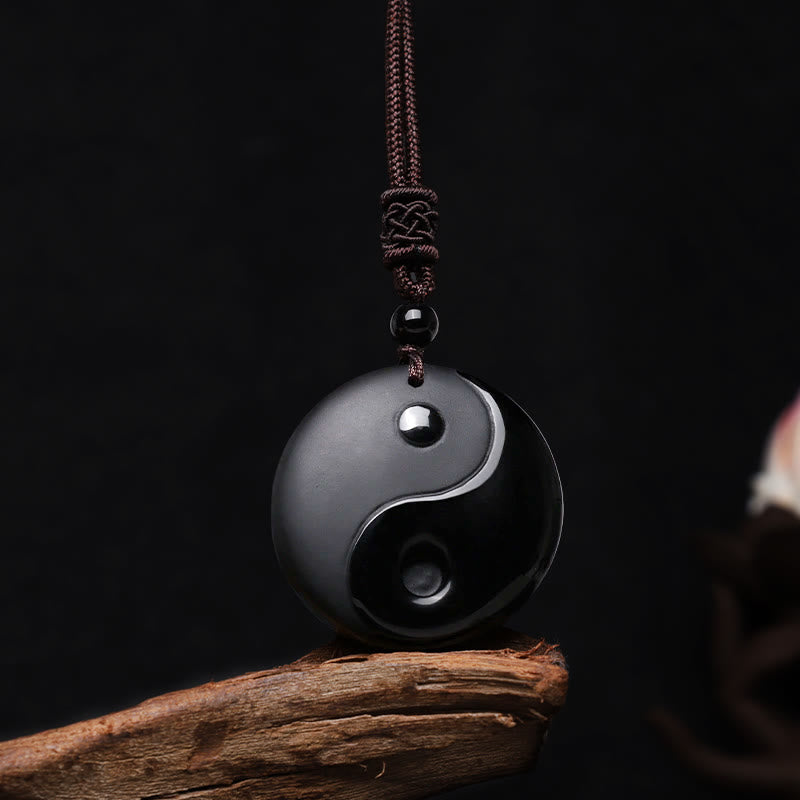 Buddha Stones Black Obsidian Taoism Five Sacred Mountains Nine-Character Mantra Carved Purification Yin Yang Necklace Pendant - Yin Yang - image 1
