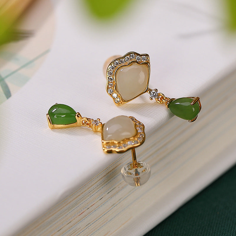 Buddha Stones White Jade Cyan Jade Fan Water Drop Pattern Luck Drop Earrings - image 4