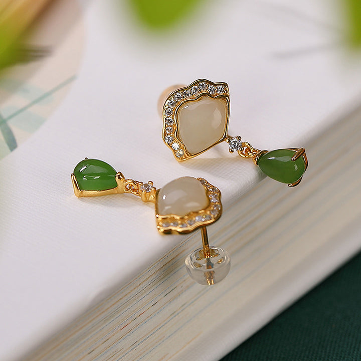 Buddha Stones White Jade Cyan Jade Fan Water Drop Pattern Luck Drop Earrings - image 4