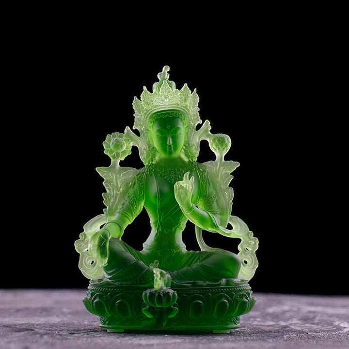 Bodhisattva Green Tara Handmade Liuli Crystal Art Piece Protection Home Office Statue Decoration