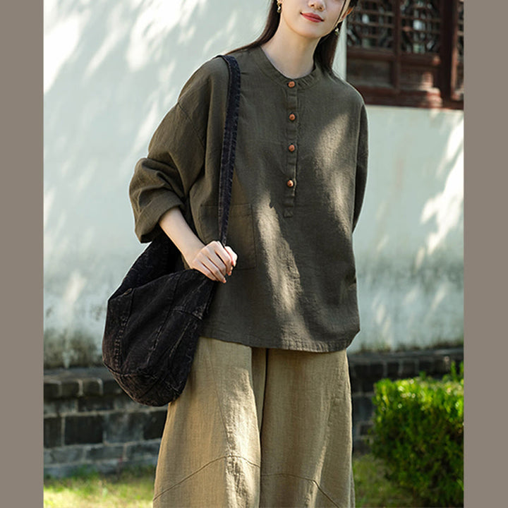 Buddha Stones Solid Color Loose Button Blouse Long Sleeve Shirt Top