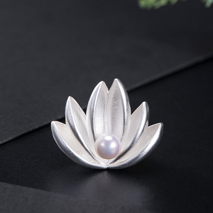 Buddha Stones 925 Sterling Silver Lotus Flower Pearl New Beginning Brooch