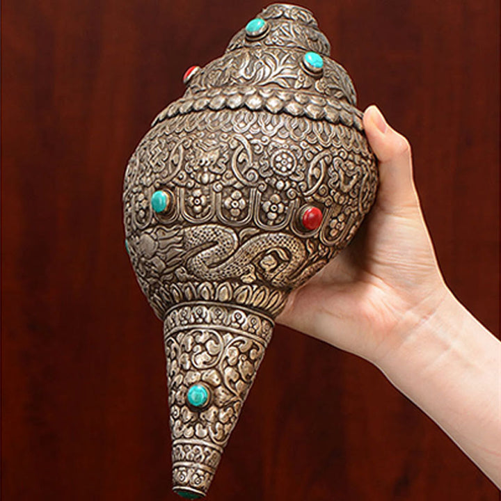 Tibetan Handmade Natural Shankha Engraved Eight Auspicious Symbols Conch Shell Lucky Home Decoration