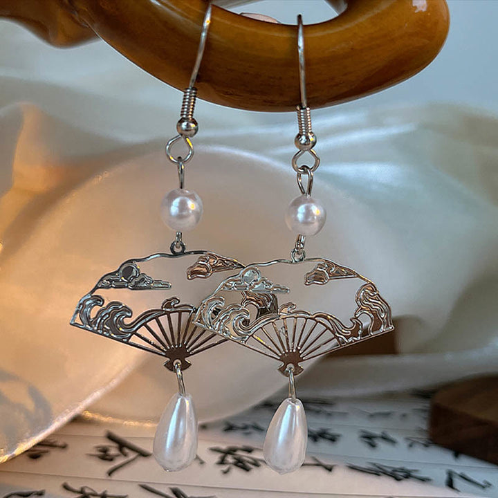 Buddha Stones Copper Fan Auspicious Clouds Pearl Healing Drop Earrings