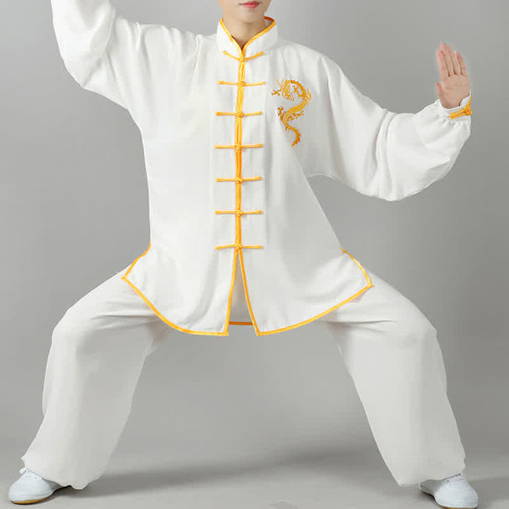 Dragon Embroidered Qi Gong Zen Spiritual Practice Meditation Prayer Uniform Unisex Clothing Set - White - 3XL-FIT FOR US/UK/AU/EU-2XL - image 0