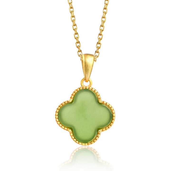 Buddha Stones 925 Sterling Silver Natural Hetian Jade Luck Four Leaf Clover Necklace Pendant - image 4
