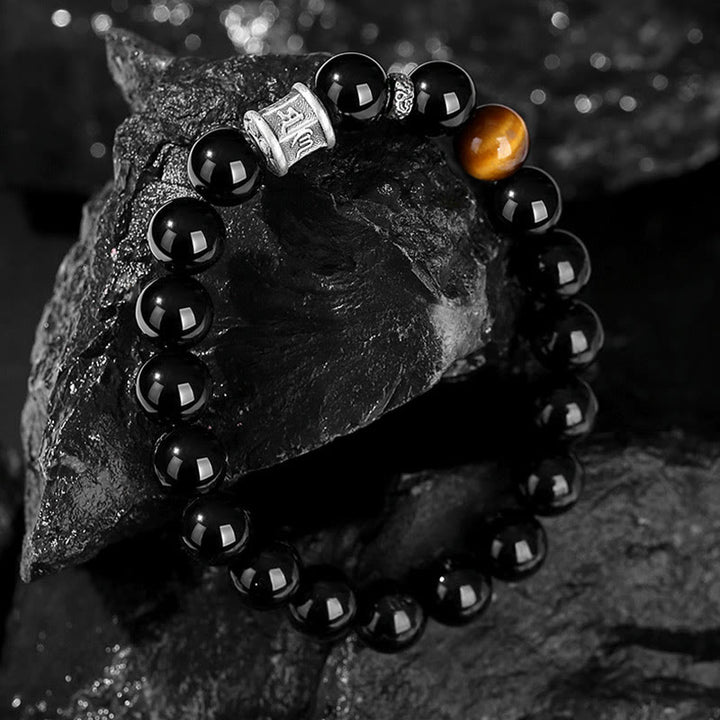 Buddha Stones 999 Sterling Silver Black Obsidian Tiger Eye Om Mani Padme Hum Fulfillment Bracelet - image 3