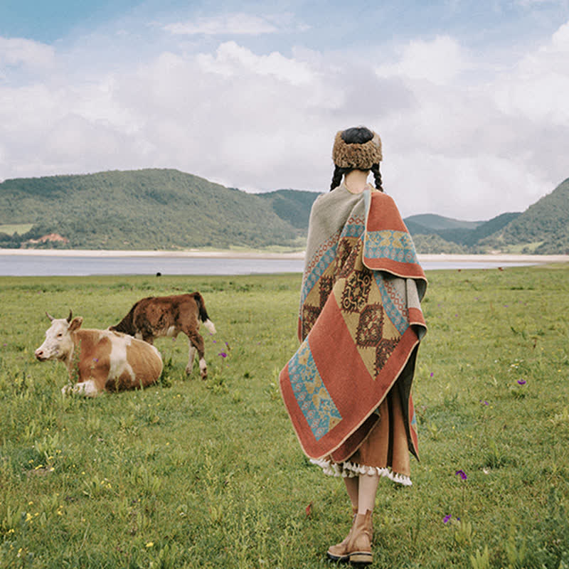 Buddha Stones Tibetan Shawl Diamond Pattern Winter Warm Cloak Scarf - image 5