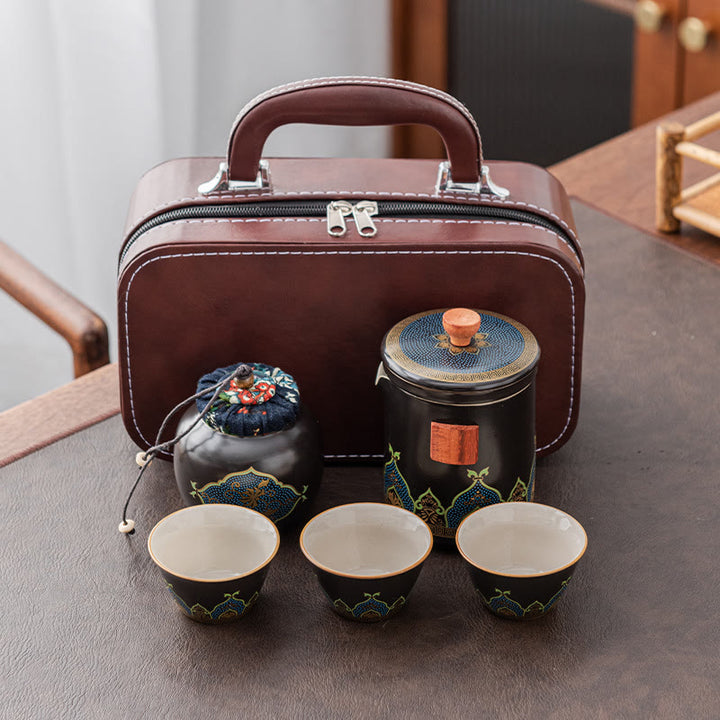 Buddha Stones Flower Chinese Gongfu Ceramic Teapot Portable Outdoor Travel Tea Set Bag