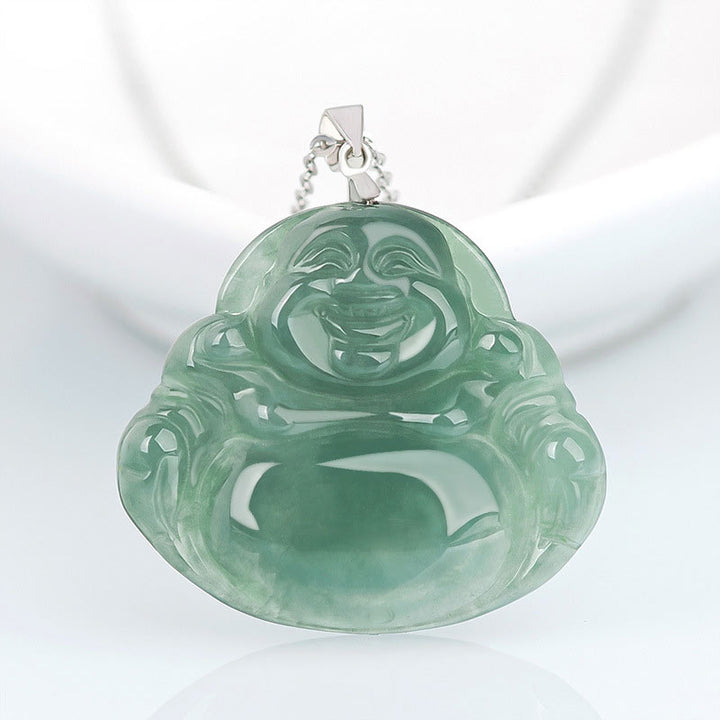 Buddha Stones 925 Sterling Silver Laughing Buddha Jade Protection Calm Necklace Chain Pendant - Jade - image 0