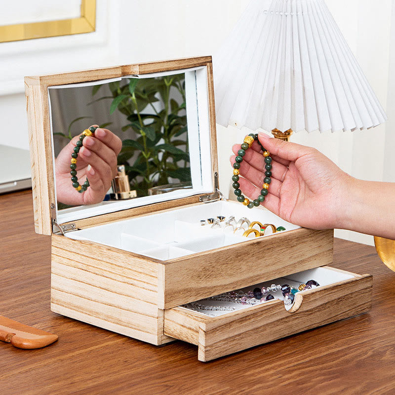 Buddha Stones Retro Beige Wooden Jewelry Box Two-Layer Jewelry Storage Box With Mirror - image 1