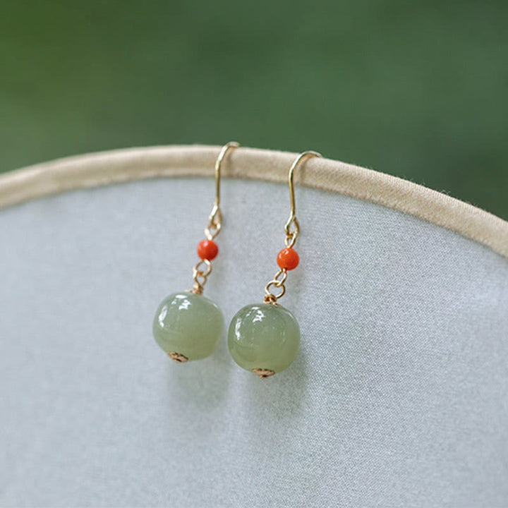 Buddha Stones 925 Sterling Silver Plated 14k Gold Hetian Jade Red Agate Luck Drop Dangle Earrings - image 9