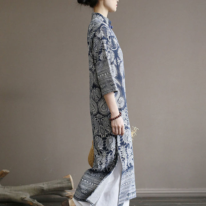 Buddha Stones Blue And White Porcelain Pattern Frog-button Midi Dress Three Quarter Sleeve Linen Batik Dress With Pockets