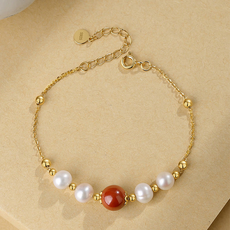 Buddha Stones 925 Sterling Silver Pearl Cinnabar Healing Bead Chain Bracelet - image 5