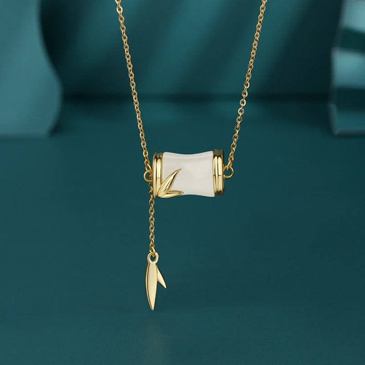 Buddha Stones 925 Sterling Silver 22K Gold Hetian White Jade Bamboo Leaf Luck Necklace Pendant Bracelet - 925 Sterling Silver 22K Gold - Necklace - image 2