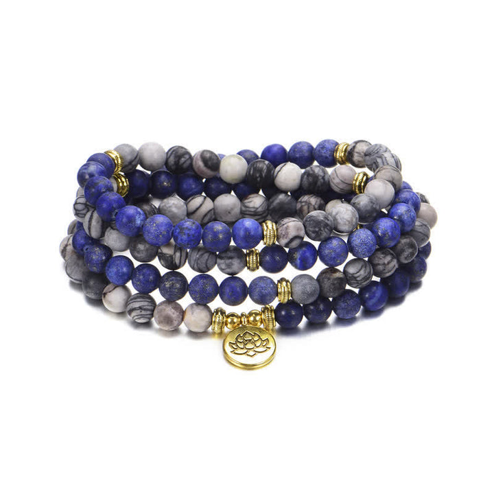 Buddha Stones Lazurite Lapis Lazuli Picasso Jasper Amazonite Rhodonite Apatite Positive Lotus Prayer Bead Bracelet - image 4