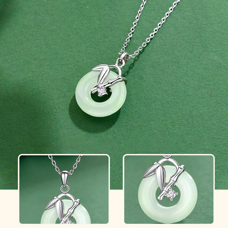 Buddha Stones 925 Sterling Silver Hetian Jade Bamboo Leaf Peace Buckle Prosperity Necklace Pendant