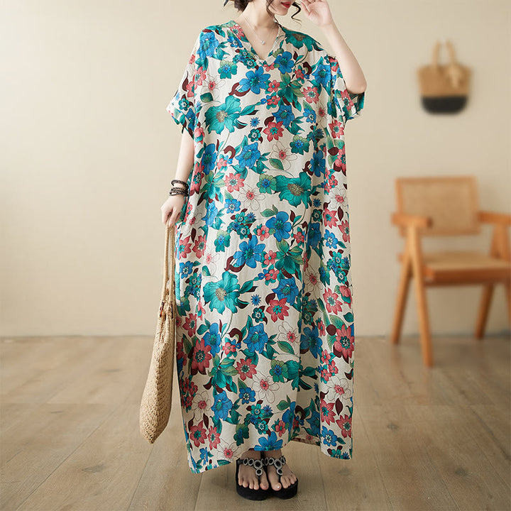 Buddha Stones Red Blue Green Flowers Midi Dress Cotton Half Sleeve Dress With Pockets