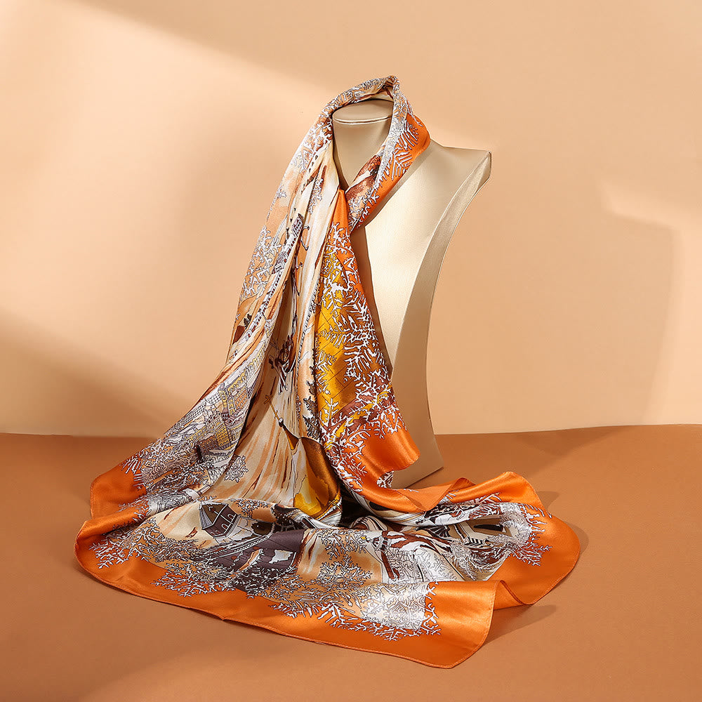 Buddha Stones Oil Painting City Snow Scene Castle Lotus 100% Mulberry Silk Neck Hair Scarf - Orange City Snow Scene - image 7