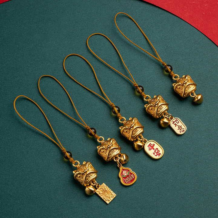 Buddha Stones Dancing Lion Auspicious Ruyi Safe Peace Rich Copper Wealth Phone Hanging Decoration