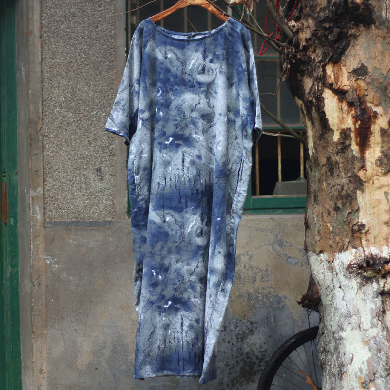 Buddha Stones Ink Tie Dye Midi Dress Three Quarter Sleeve Cotton Linen Dress With Pockets