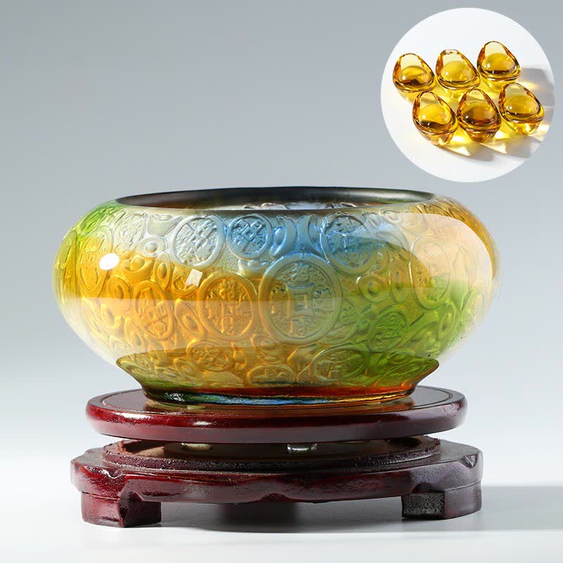 Handmade Liuli Crystal Treasure Bowl Ingots Art Piece Home Decoration - Yellow - image 3
