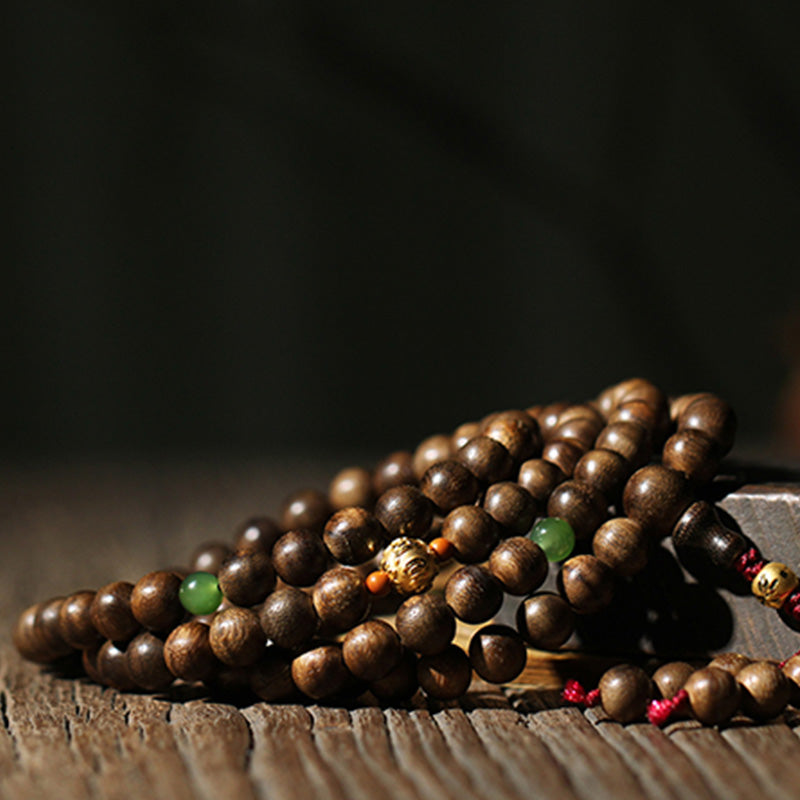 Buddha Stones 999 Gold 108 Mala Beads Kalimantan Agarwood Cyan Jade Six True Words Strength Bracelet