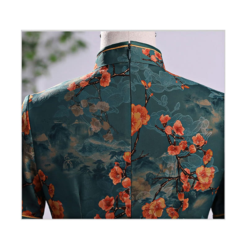 Buddha Stones Retro Flower Lotus Peony Feather Print Qipao Dress Women's Cheongsam Dress - image 8