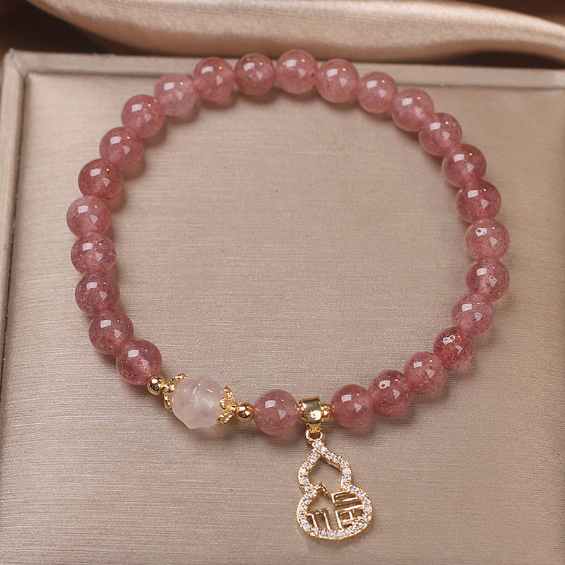 Buddha Stones Strawberry Quartz Gourd Fu Character Charm Positive Bracelet