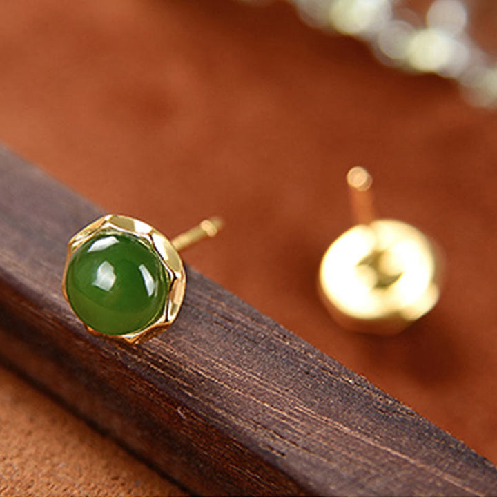 Buddha Stones 925 Sterling Silver Plated Gold Natural Hetian Cyan Jade Bead Luck Stud Earrings - image 4