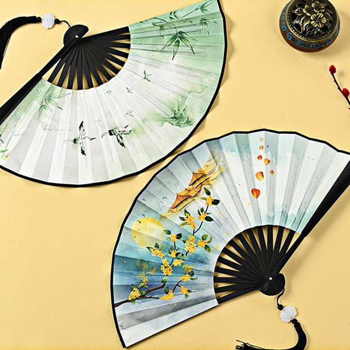 Buddha Stones Vintage Phoenix Nine Tailed Fox Flower Bamboo Tiger Handheld Folding Fan Lotus Tassel Fan