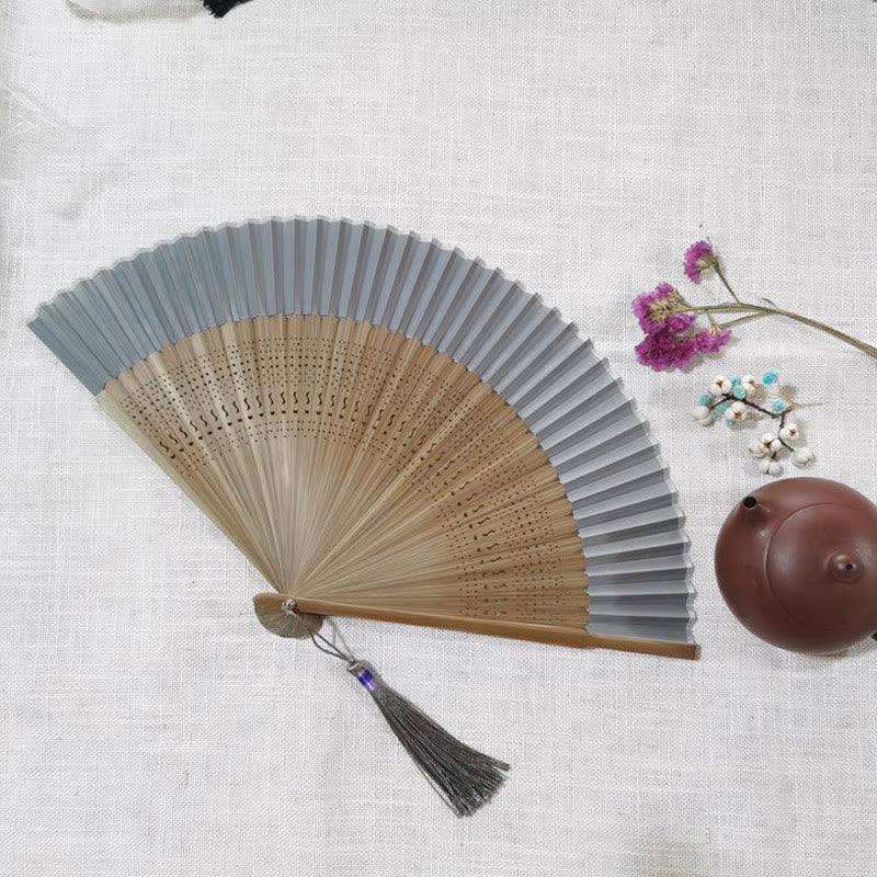 Buddha Stones Simple Hollow Engraved Handheld Bamboo Folding Fan