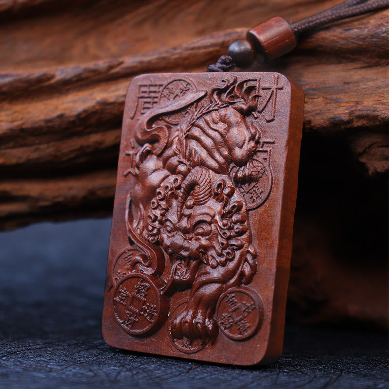 Buddha Stones Natural Lightning Struck Jujube Wood PiXiu Copper Coin Good Fortune Necklace Pendant