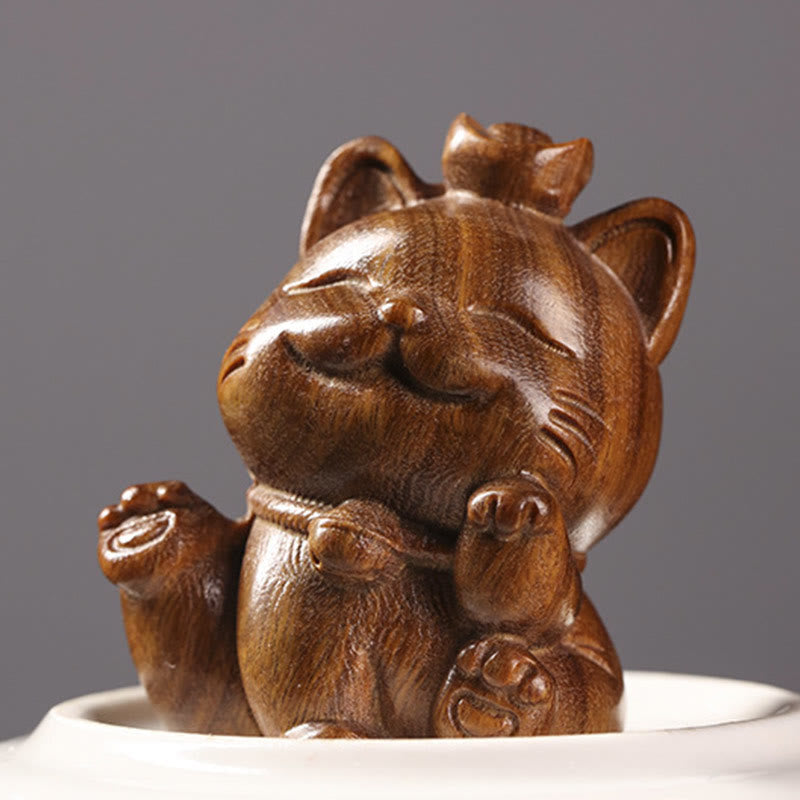 Buddha Stones Mini Green Sandalwood Ingot Lucky Cat Carved Peace Desk Decorations - image 4