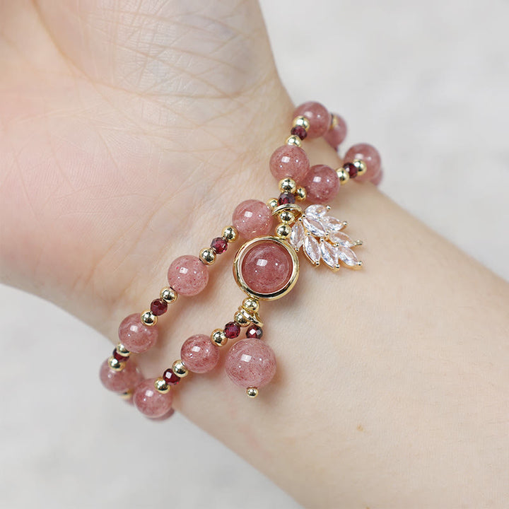 Natural Strawberry Quartz Love Healing Maple Leaf Charm Double Wrap Bracelet