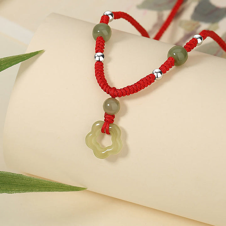 Buddha Stones 925 Sterling Silver Natural Hetian Cyan Jade Flower Pentagram Luck Red Rope Necklace Pendant Bracelet Set