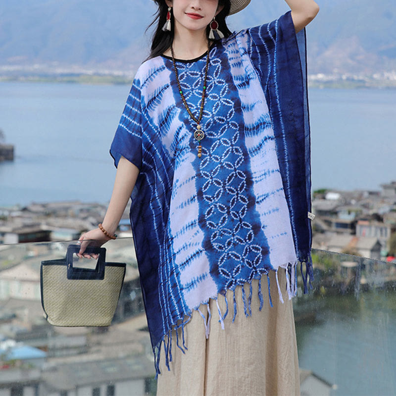 Buddha Stones Blue White Striped Indigo Dyeing Shawl Tassels Cozy Pullover 90*95cm