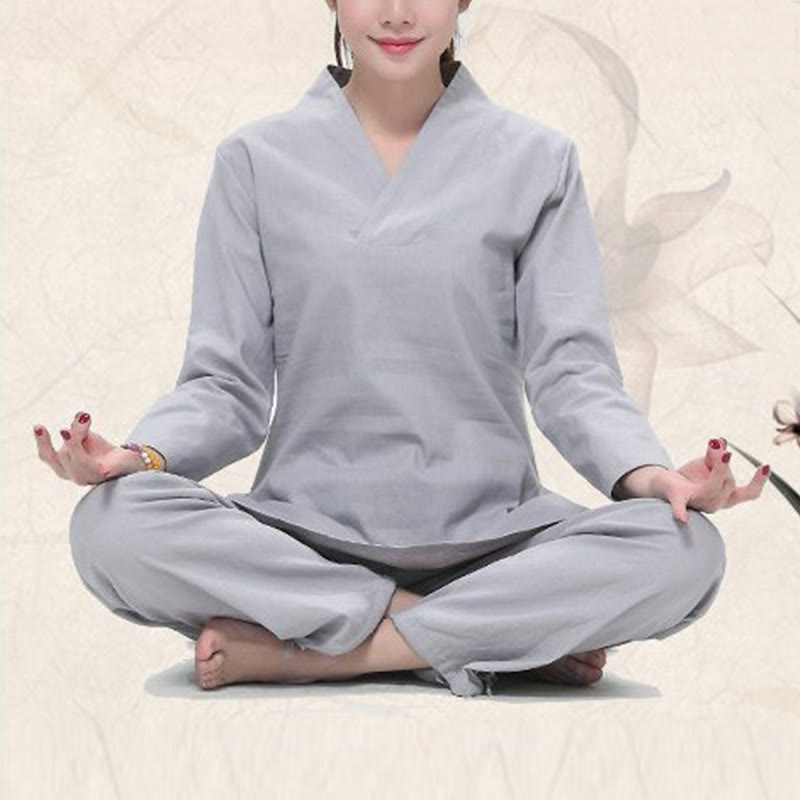 Buddha Stones Zen Practice Yoga Meditation Prayer V-neck Design Uniform Cotton Linen Clothing Women's Set - image 8