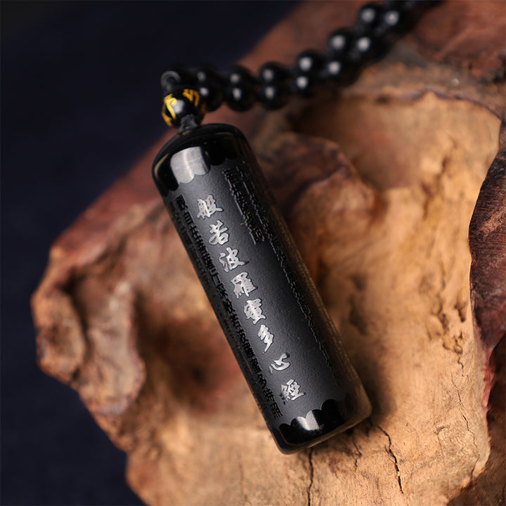 Buddha Stones Natural Black Obsidian Heart Sutra Purification Necklace Pendant