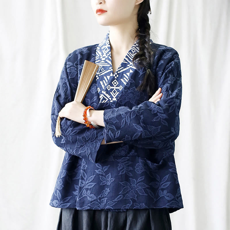 Buddha Stones Flower Jacquard V-Neck Long Sleeve Jacket