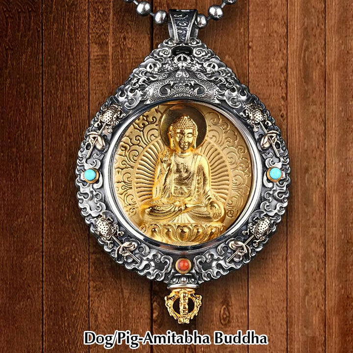 Buddha Stones Chinese Zodiac Natal Buddha Thangka Nine Palaces Eight Diagrams Wealth Rotatable Necklace Pendant - Dog/Pig-Amitabha Buddha - image 10